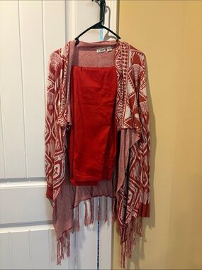 Cato Red Clay and Cream Patterned Fringe Cardigan and Matching Pant Set
